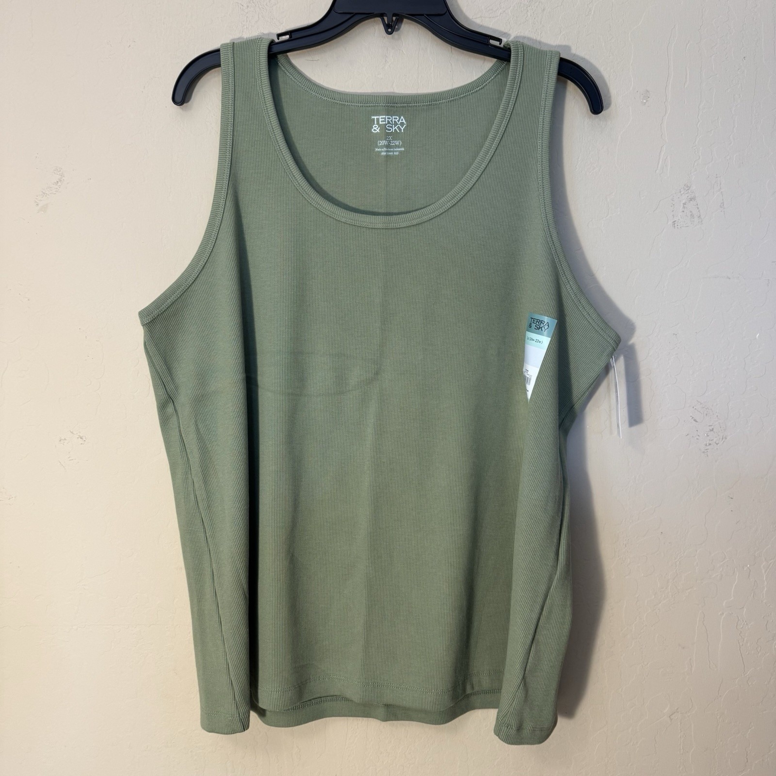 Terra & Sky Tank Top Women 2x(20w-22w) Green Ribbed Stretch Sleeveless Shirt New